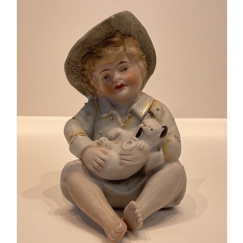 German Bisque Piano Baby Figurine Blonde Boy w/ Kitten Cat White Gold Accents